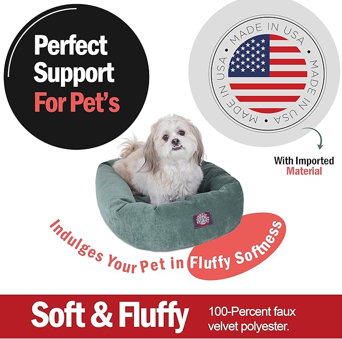 Majestic Pet 24 Inch Micro Velvet Calming Dog Bed Washable – Cozy Soft Round Dog Bed with Spine for Head Support - Fluffy Donut Dog Bed 24x19x7 (inch) – Round Pet Bed Small – Azure