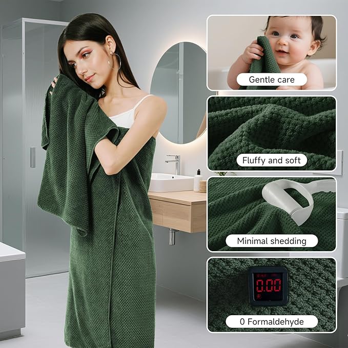 REDKISS 6-Piece Bath Towel Set - 2 Washcloths, 2 Hand Towels, 2 Bath Towels — Ultra-Fiber Coral Fleece, Super Absorbent, No Lint & No Fading — Perfect for Bathroom, Spa, Gym — Family -Olive Green
