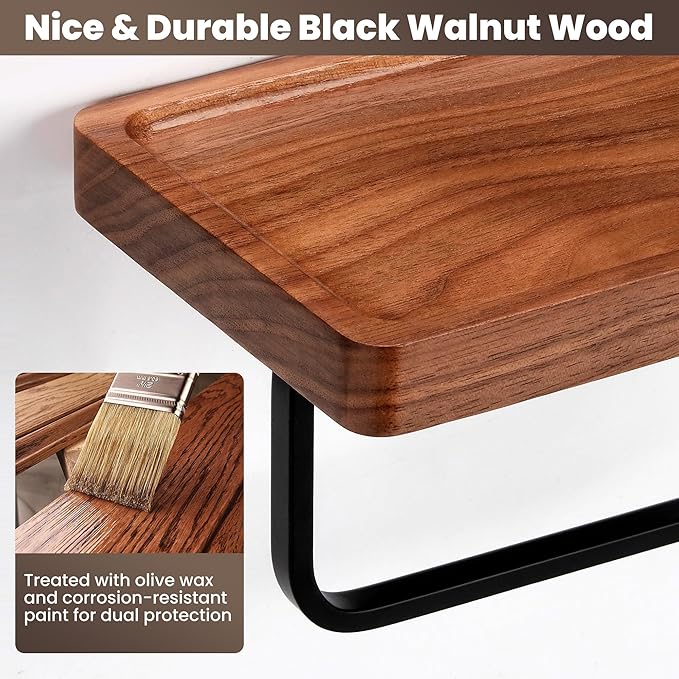 Toilet Paper Holder with Walnut Wood Shelf - Wall Mount & Self-Adhesive Bathroom Tissue Holder, Black Stainless Steel with Walnut Shelf for Phone - Home Apartment Restroom Decor Essentials