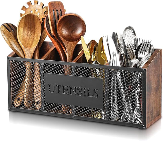 Extra Large Kitchen Utensil Holder Wooden with 4 Compartments, Utensil Organizer for Countertop, Cooking Silverware Storage for Rustic Kitchen Countertop Holder Farmhouse Cooking Container