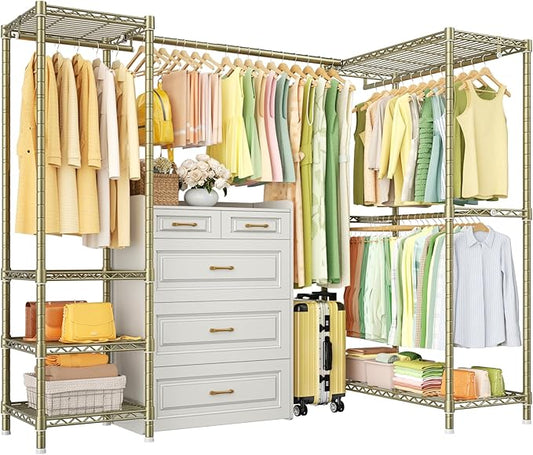 E10L L-Shaped Clothes Rack for Corner（With Expandable Hanger Rod）Heavy Duty Freestanding Clothing Racks for Hanging Clothes，Portable Garment Rack 58-82"W x 30"D x 72"H，Max Load 900LBS，Gold