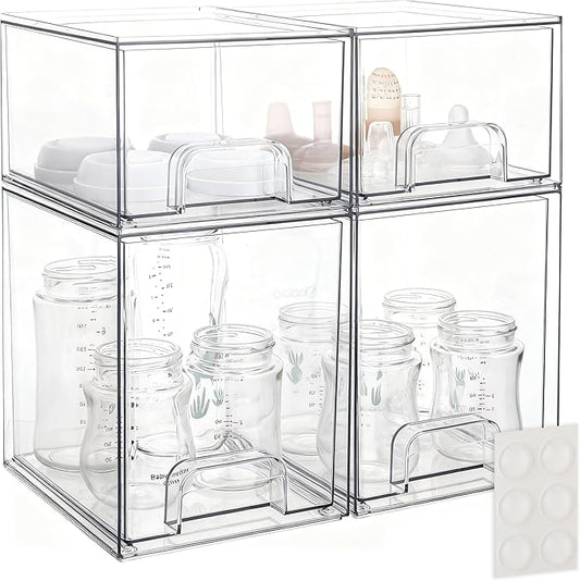 Baby Bottle Storage Organizer - Acrylic Storage Containers, Clear Stackable Drawer Baby Bottle Station Organizer for Countertop Cabinet, BPA-Free, Lead-Free (2 Small+2 High, Clear)