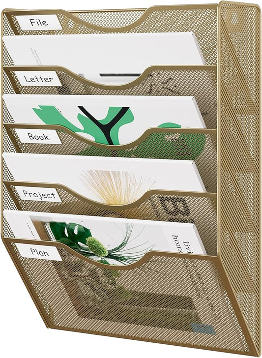 EasyPAG Wall File Organizer 5 Tier Hanging Paper Folder Holder, Zero Assembly Metal Mesh Wall Mounted Mail Organizer for Office Home Classroom Narrow Spaces, Gold
