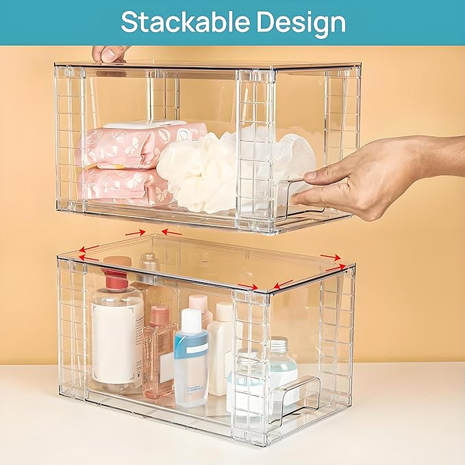 Clear Acrylic Storage Organizer Set, Multi-Purpose Cabinet Bins for Office, Kitchen, Bathroom, Stackable (4)