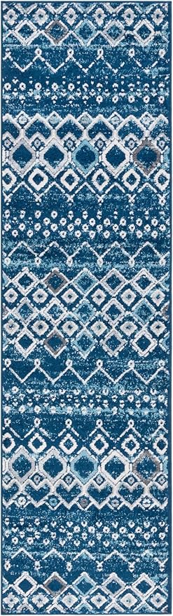 SAFAVIEH Amsterdam Collection Runner Rug - 2'3" x 16', Navy & Beige, Moroccan Boho Design, Non-Shedding & Easy Care, Ideal for High Traffic Areas in Living Room, Bedroom (AMS108N)