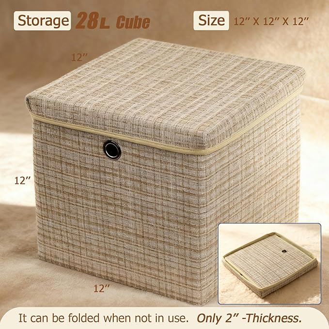 modscape 2-Pack 12"x12" Fabric Cube Storage Bin with Lid, Foldable Collapsible Fabric Storage Bins for Clothes Toys, Sturdy Storage Cube for Bedroom Closet Shelves Home Organization (Shining Beige, 2)