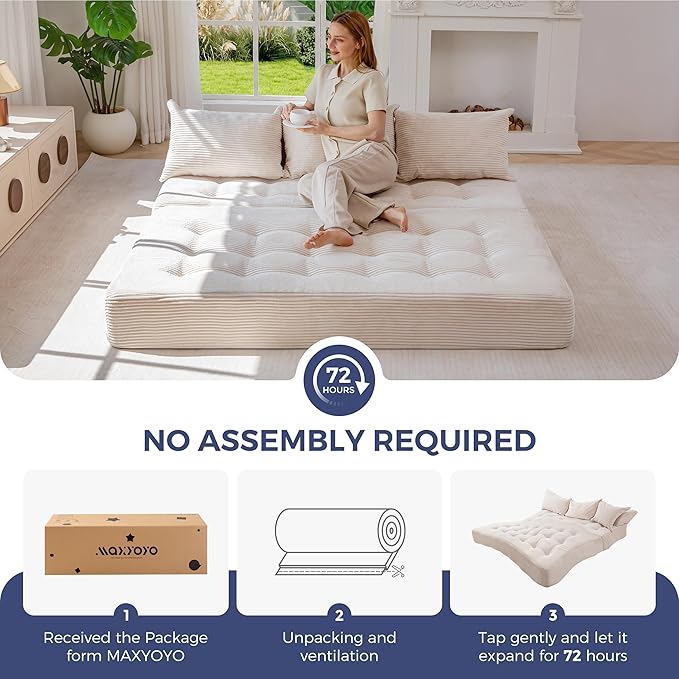 MAXYOYO Folding Sofa Couch, Convertible Floor Sleeper Couch with 3 Pillows, Tufted Floor Oversized Loveseat Couch Tufted Fold Out Chair Bed Comfy Sofa Lounge for Living Room Bedroom, Beige