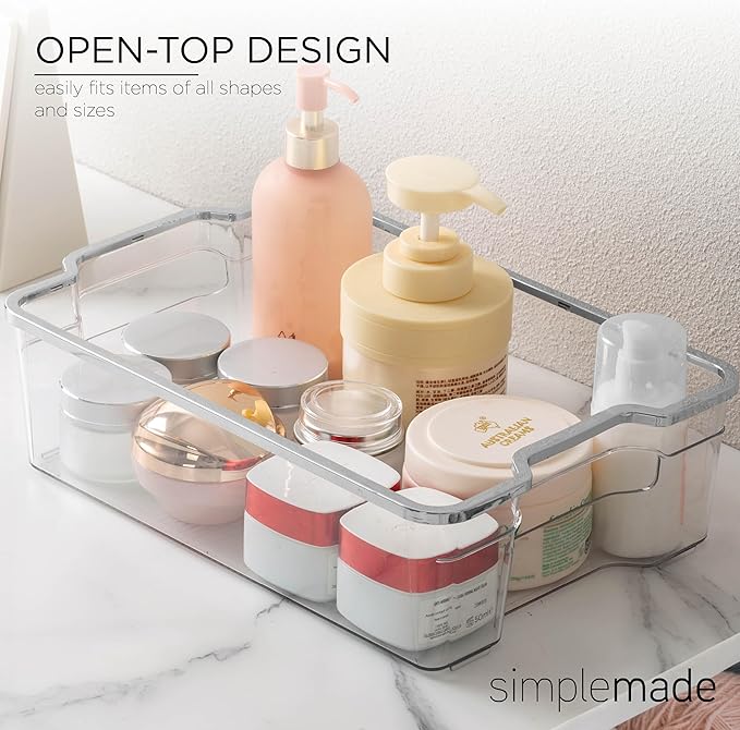 SIMPLEMADE Clear Refrigerator Organizer Bins - Clear Bins for Fridge, Containers for Fridge and Freezer, Multipurpose Storage for Kitchen, Office, Bathroom, Silver Rim (8" x 12")