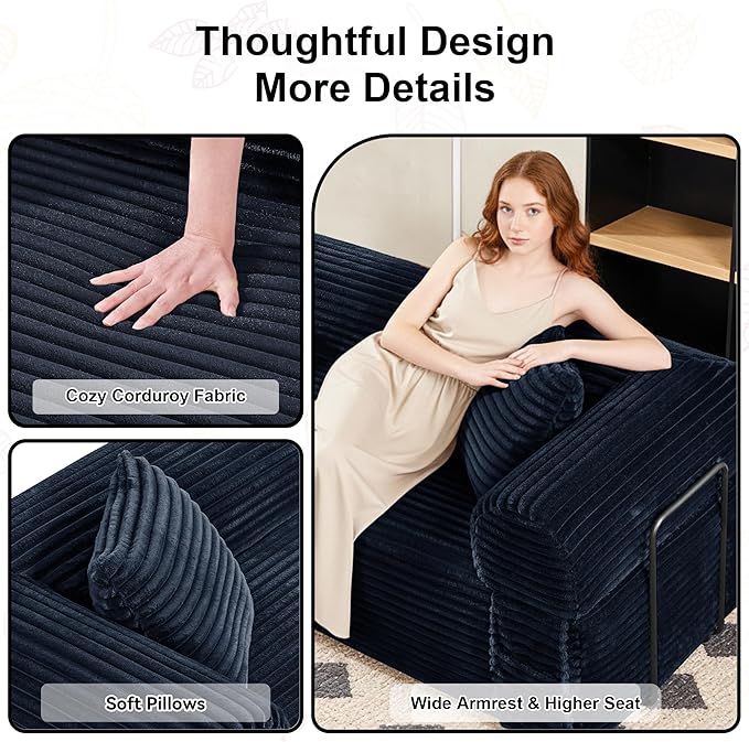 83'' Boneless Couch in A Box, No Assembly Needed Sofa Bed Couch 3 Seater Corduroy Modern Cloud Sofa 29'' Deep Seat with 2 Pillows & Removable Backrest for Living Room, Bedroom, Apartment, Navy Blue | No Assembly Needed, High Density Foam, Removable Bac...