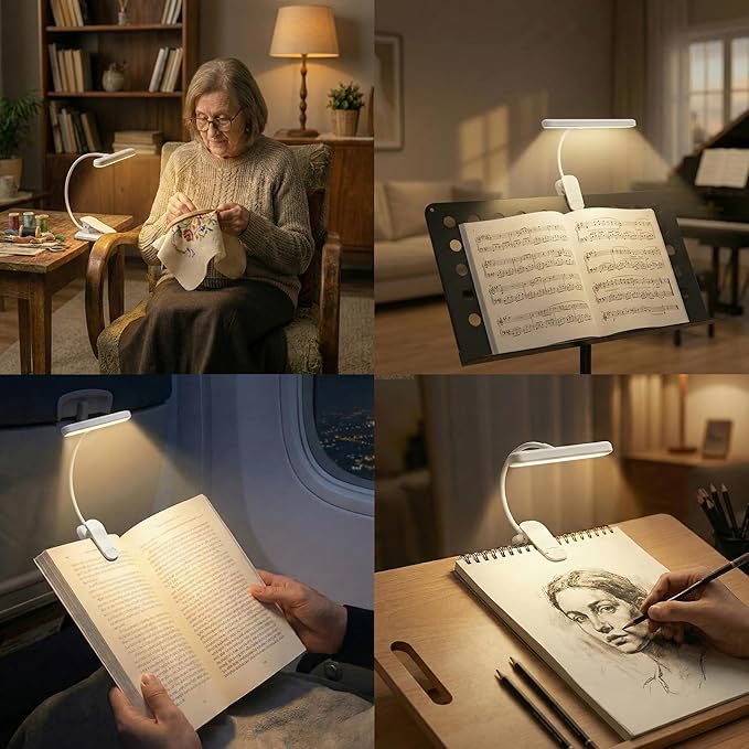Rechargeable Book Lights for Reading at Night 25 LED - Eye Caring 15 Level Stepless Dimming, Extended 60Hrs Runtime, Lightweight Clip on Light, Gifts for Book Lovers, White