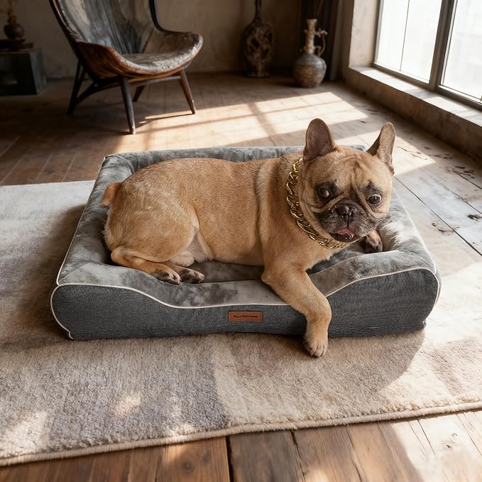 Memory Foam Dog Beds Medium Sized Dog with Removable Bolsters & Washable Cover,Orthopedic Pet Beds Eggshell Foam Infused with Cooling Gel Waterproof Relieves Joint Pain,28"x23"x6.5"Dark Grey
