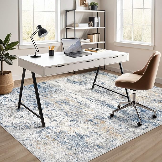 Area Rug Living Room Rugs - 10x14 Abstract Large Soft Indoor Washable Rug Neutral Modern Low Pile Carpet for Bedroom Dining Room Farmhouse Home Office - Blue