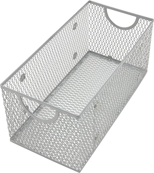 YBM Home Mesh Wire Storage Basket for Shelves, Pantry Organization, and Kitchen - Multipurpose Steel Wire Basket Holder Bin for Organizing Office Supplies, Household Toiletries and Laundry Supplies