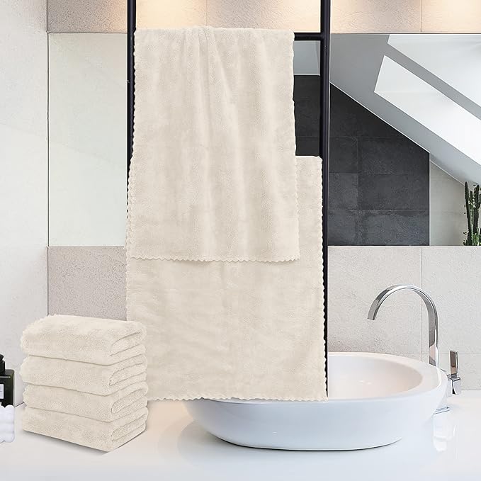 6 Pack Premium Hand Towels - Quick Drying - Microfiber Coral Velvet Highly Absorbent Towels - Multipurpose Use as Hotel, Bathroom, Shower, Spa, Hand Towel 16 x 28 inches (Cream)