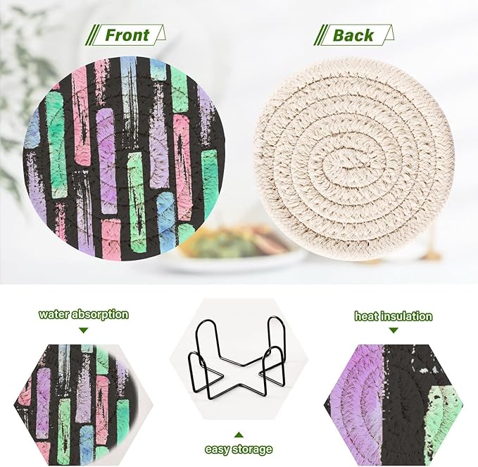 Geometric Shapes Drink Coasters, Handmade Cotton Absorbent Coaster Set of 6, Minimalist Home Decor for Coffee Table, Kitchen, Housewarming and Wedding Registry Ideas