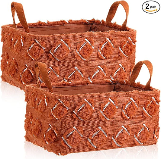 2 Pcs Brown Football Storage Baskets 14x10 Inch Easter Basket Sport Theme Room Decor Laundry Foldable Fluffy Storage Bin with Handle Closet Organizer for Countertop Tabletop Car
