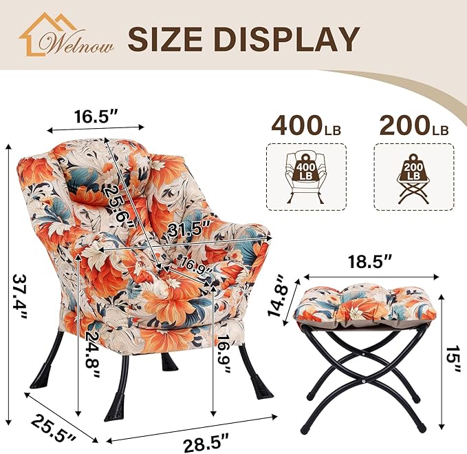 Welnow Lazy Chair with Ottoman, Modern Lounge Accent Chair with Armrests and a Side Pocket, Leisure Sofa Armchair Set, Reading Armchair with Footrest for Small Space, Orange Blue