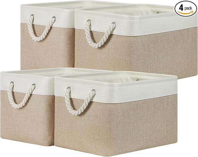 Temary Fabric Storage Baskets 4Pack Storage Bins Decorative Basket for Gift, Clothes Bin with Rope Handle, Rectangle Baskets for Storage, Blankets(White&Khaki,15x11x9.5 inch)