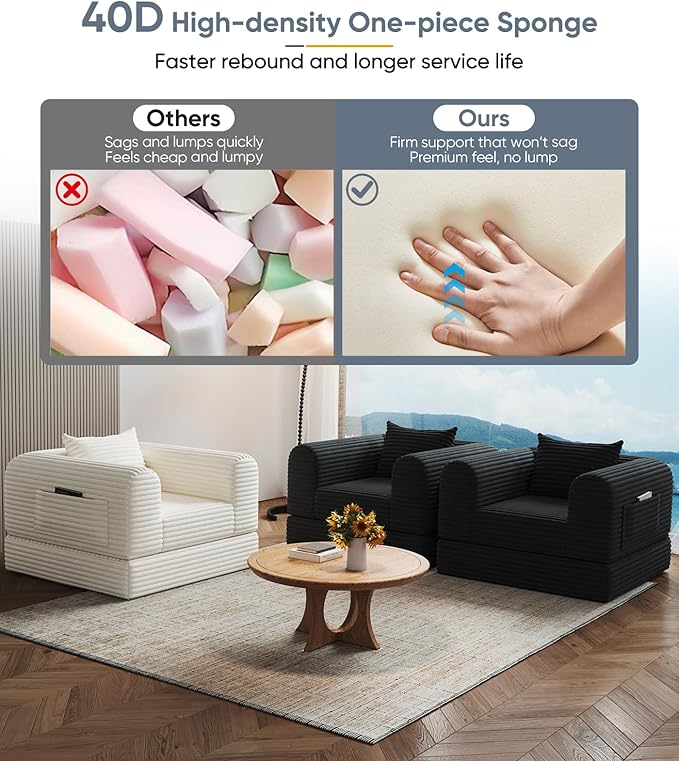 Versatile 2 In 1 Armchair Convertible Chaise Longue Small Couches Fomfy Bean Bag Chair for Small Spaces, Portable Chair Bed Comfy Floor Sofa Lounge Couch for Bedroom, Apartment, 1 Seater, Beige