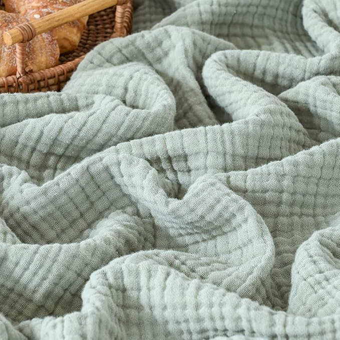 100% Cotton Muslin Blanket Throw 108'x90', Lightweight Breathable Summer Throw Blanket for Sofa, Couch, Bed, All-Season Use, Sage Green