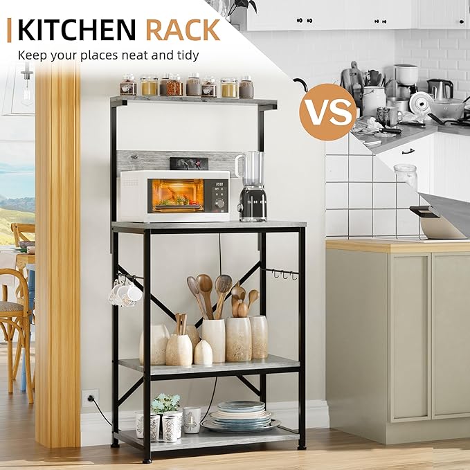 Shintenchi Bakers Rack with Power Outlet, Kitchen Organizers and Storage with 6 Hooks, Microwave Oven Stand, Kitchen Shelf for Spice, Coffee Station, Coffee Bar Table (Gray)