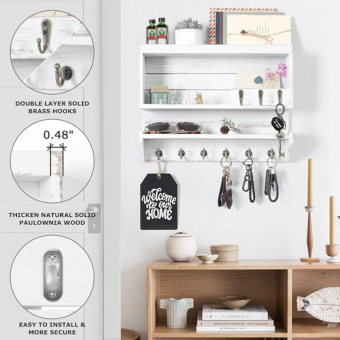 Innovation Premium Pine Wood Key Holder for Wall - Handcrafted Mail Organizer & Wall Mount Key Holder with 9 Sturdy Hooks, Finely Sanded & Hand-Sprayed Entryway Decor, Ivory