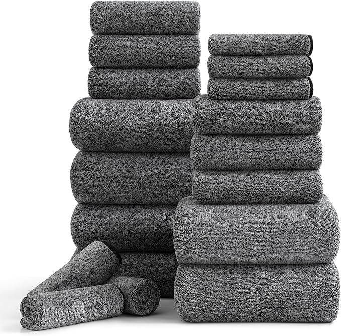 18 Piece Bath Towels Set,100% Microfiber Family Bathroom Towel with Hanging Loops-6 Bath Towels,6 Hand Towels,6 Washcloths,Quick Dry Highly Absorbent Shower Towel for Bathroom,Hotel,Spa-Black