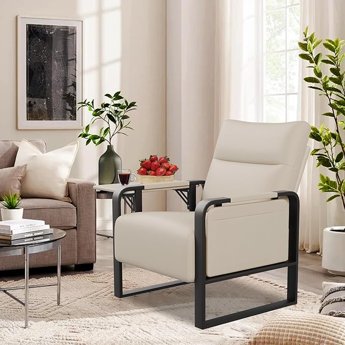 Modern PU Leather Accent Chairs Set of 2 Upholstered Armchairs with Tray Table Leisure Side Chairs for Living Room Bedroom Office Beige