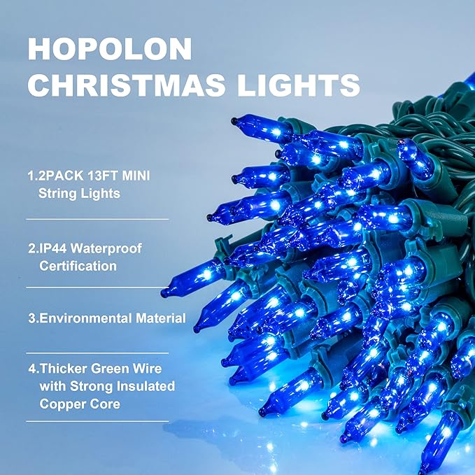 Hopolon Blue Christmas String Lights, 2PACK 50-Count Incandescent Mini Fairy Lights Set, Green Wire Lights for Indoor Outdoor Halloween Holiday Home Xmas Tree Patio Décor (2pcs Blue)