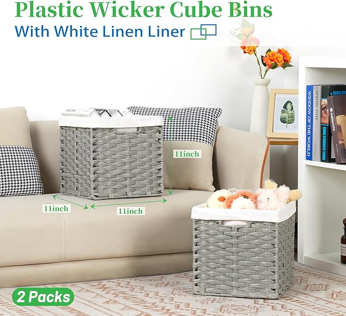 Bidtakay Wicker Cube Baskets with Liners Cube Storage Organizer for Shelves Closet 11 inch 2 Pack Decorative Hand-Woven Imitation Wicker Storage Bins for Organizing Pantry Bedroom Light Grey