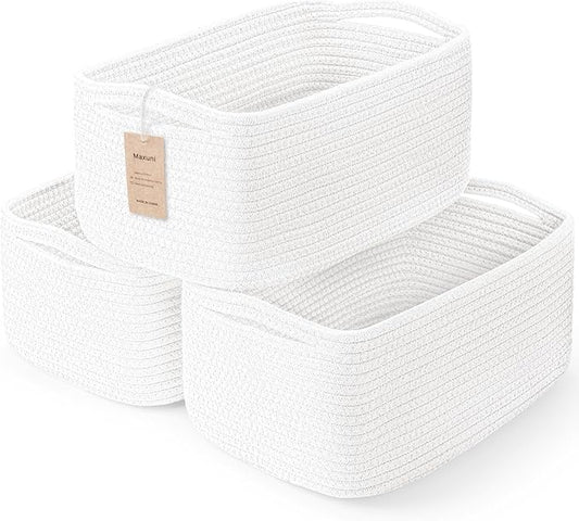3-Pcs Shelf Baskets for Organizing, Closet Organizer Bins, Small Woven Baskets, Rope Toy Basket, Storage Basket for Shelves, Cube Decorative Box, 11.8×7.8×5.1”, White