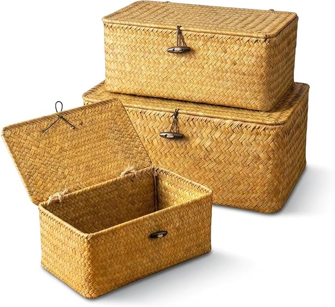 Yesland Shelf Baskets with Lid Set of 3, Handwoven Seagrass Storage Bins Box Rectangular Seagrass Basket Storage Organizer Wicker Basket for Shelf