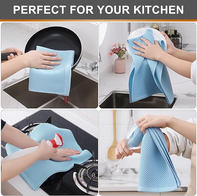 Kitinjoy 100% Cotton Waffle Weave Kitchen Hand Towels (13 X 28 Inches, Sky Blue), 8-Pack Super Soft and Absorbent Dish Towel for Drying Dishes