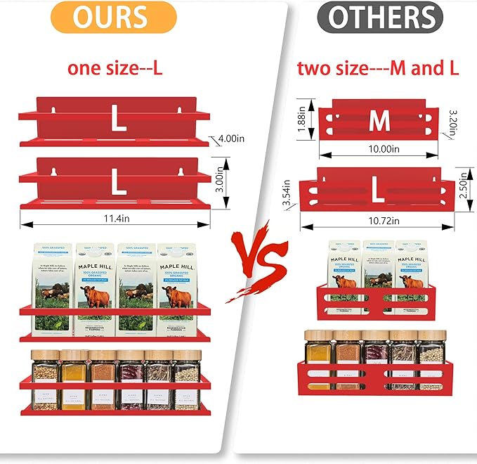 Magnetic Spice Rack Organizer for Fridge Seasoning Organizer for Kitchen Storage With Screw Magnetic Shelf for Oven, RV,Garage,Bathroom (Red-1, 4pack)