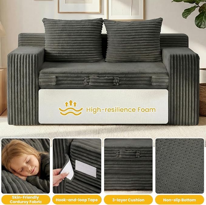 Boneless Loveseat Sleeper Sofa Bed: 3-in-1 Convertible Sofa Bed with Side Pockets & Handle,Pull Out Couch with 2 Pillows,Folding Futon for Small Space,Living Room & Bedroom,Corduroy Fabric,No Assembly