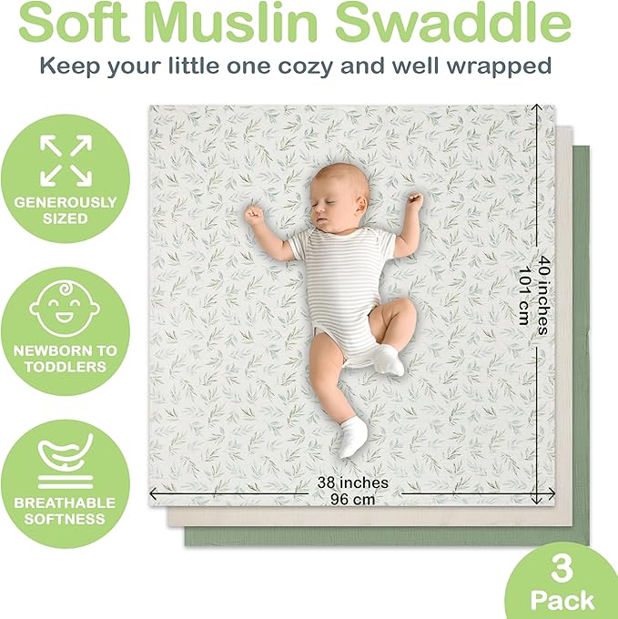 Organic Cotton Muslin Baby Blanket - 47x47 Inch Breathable Swaddle, Hypoallergenic Double-Layer, Versatile Use (Green/Ivory/Floral, 38x40 Inch)