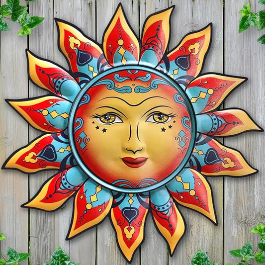 Daogtc Metal Sun Wall Decor - Sun Flower Wall Art Decoration,Hanging Decoration for Home Garden Farmhouse Yard Patio Fence Living Room Bedroom (SUN-I)