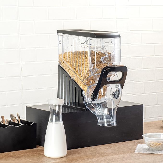 Restaurantware Cereal Dispenser 2 gal Plastic Gravity Bin Candy Dispenser Self-Serve Black Dry Food with Stand for Breakfast Buffet or Hotel Use