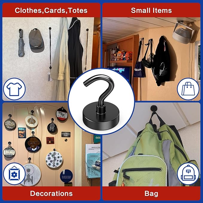 6Pack Strong Magnetic Hooks Heavy Duty, Magnet Hooks, 110lbs Metal Magnetic Hooks for Cruise Cabins, Magnet with Hooks, Magnet Hook, Magnetic Hook for Hanging, Refrigerator, Garage