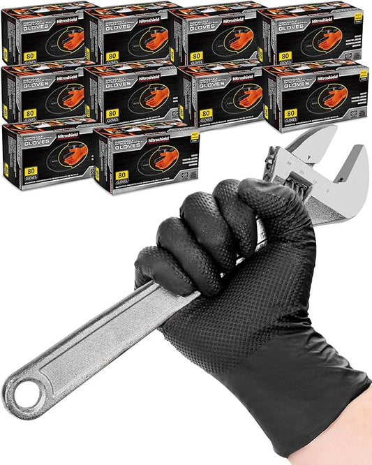nitroshield 9mil Heavy Duty Disposable Nitrile Gloves, Black Medium 800Pcs -Chemical Resistant, Latex Powder Free Rubber Gloves Diamond Texture for Automotive, Mechanics, Cooking,BBQ, Industrial Use