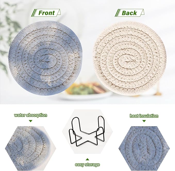 Handmade Cotton Absorbent Coaster Set of 6, Sea Drink Coasters, Minimalist Home Decor for Coffee Table, Kitchen, Housewarming and Wedding Registry Ideas