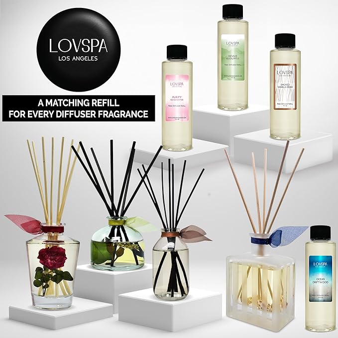 LOVSPA Reed Diffuser Set, Revive Eucalyptus Scented Oil Diffuser with Sticks, Home Fragrance Accessories for Bathroom Shelf Decor, Aroma Diffusers for Home or Office Desk, USA Made