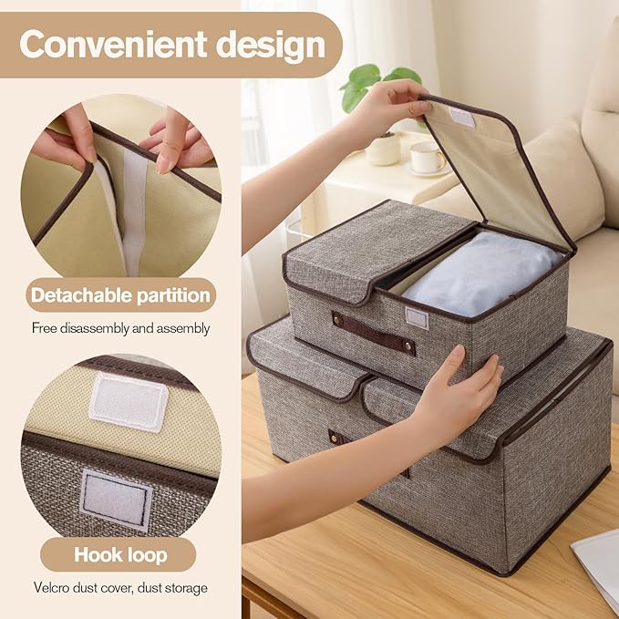 Linen Fabric Storage Bins with Lids and Dividers 2-Pack, 15L Collapsible Closet Organizers, Foldable Divided Boxes for Clothes, Beige Linen Closet Organization(Grey)