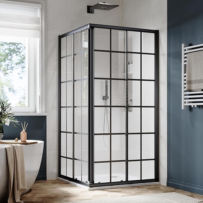 SUNNY SHOWER Double Sliding Shower Door with 1/4 in. Clear Tempered Glass Corner Shower Enclosure 34 in.D x 34 in. W x 72 in. H Corner Shower Doors Black Hardware Framed Glass Shower Stalls
