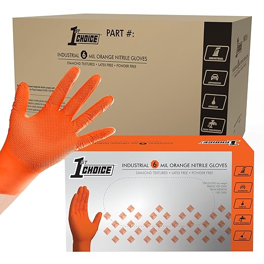 1st Choice 6 mil Orange Gloves, Disposable, Latex Free, Raised Diamond Grip, Mechanic Glove for Men, Large, Case of 1000