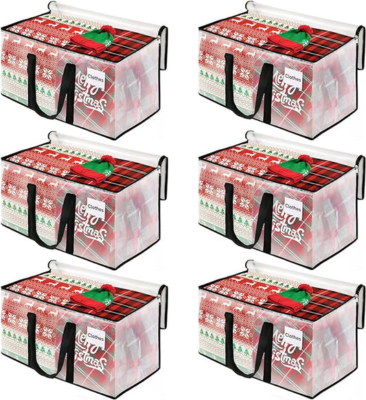 BlissTotes Moving Bags, 6-Pack Storage Bags, Moving Bags Heavy Duty Extra Large, Moving Totes, Clear moving Bags, Reinforced Handles & Tag Pocket, Christmas Totes (76L)