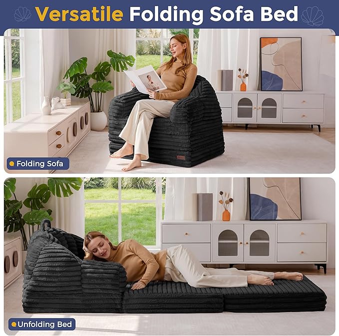 MAXYOYO Folding Sofa Bed, 2 in 1 Convertible Sofa to Lounger Comfy Faux Fur Bean Bag Chair for Adults, Floor Single Sleeper Couch Chair with Handle, Couch Bed for Living Room Bedroom, Black