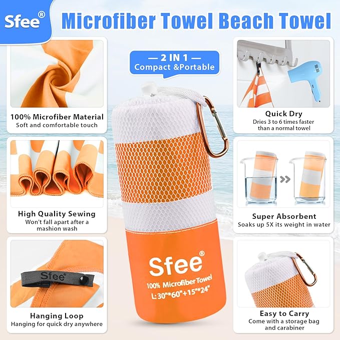 2 in 1 Microfiber Beach Towel, Quick Dry Towel Camping Travel Towel Super Absorbent Compact Lightweight Sports Gym Towel Set for Beach, Gym, Hiking, Pool, Backpacking, Bath, Yoga