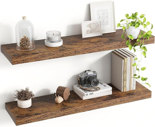 30 Inch Floating Shelves, 8 Inch Deep Floating Shelves for Wall, Hanging Shelf with Invisible Brackets, Deep Shelves for Bathroom, Bedroom, Living Room, Brown, Set of 2
