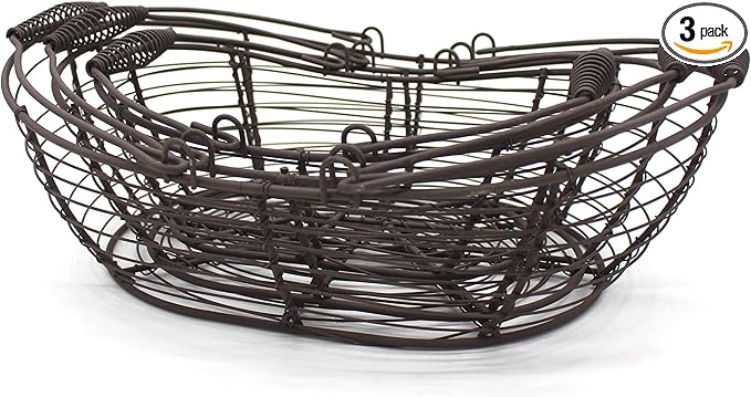 CVHOMEDECO. Oval Metal Wire Storage Baskets Rustic Egg Baskets with Swing Handles Farmhouse Gathering Baskets. Rusty, Set of 3